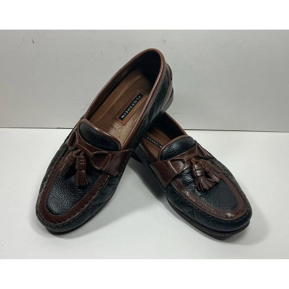 Florsheim Mens Loafers Tassel Sz 9 EEE Black Pebble‎ Leather Brown Trim Shoes